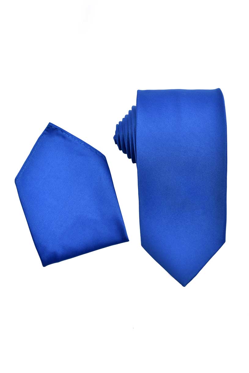 Men S Premium Royal Blue Necktie With Matching Pocket Square Set For