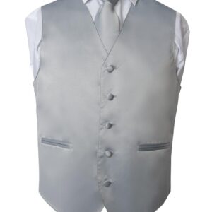 Premium Solid Light Gray-Silver Vest and NeckTie Pocket Square 4 Piece Set