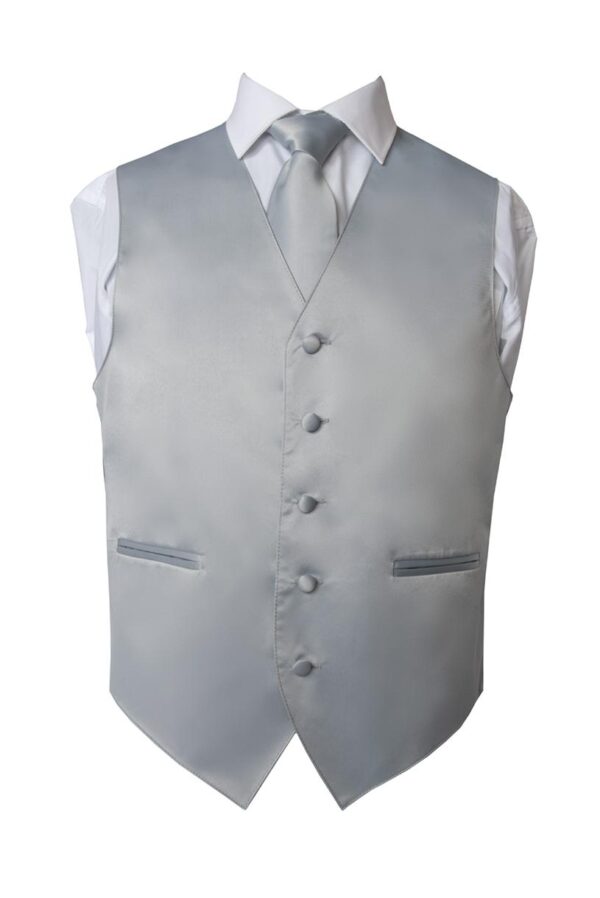 Premium Solid Light Gray-Silver Vest and NeckTie Pocket Square 4 Piece Set