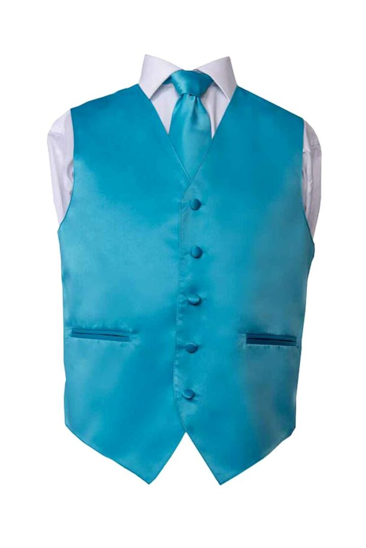 Premium Solid Turquoise Vest and Necktie Pocket Square 4 Piece Set