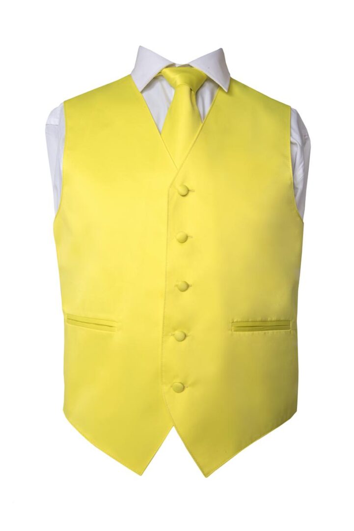 Premium Solid Yellow Vest and Necktie Pocket Square 4 Piece Set