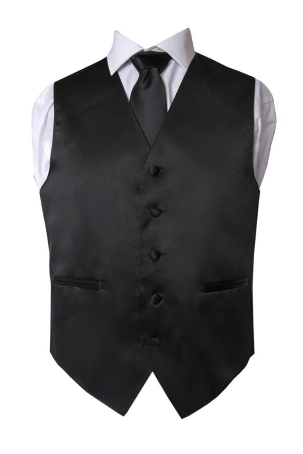 Premium Solid Black Vest and necktie Pocket Square 4 Piece Set