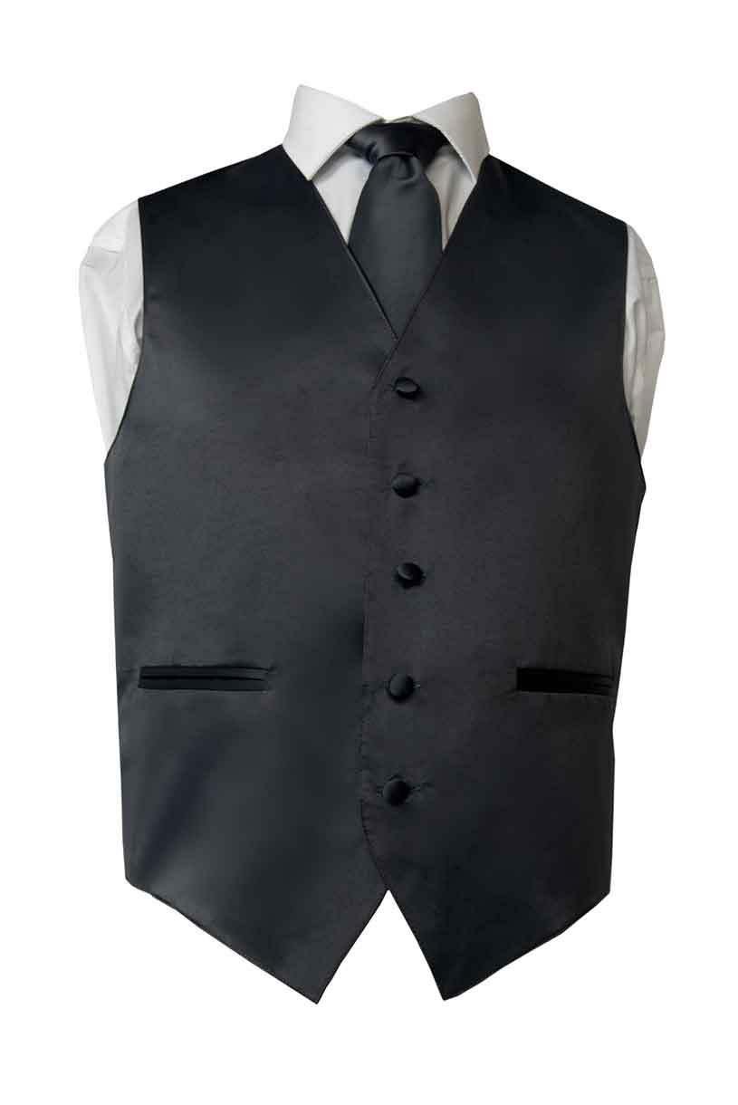 Premium Solid Black Vest and Necktie Pocket Square 4 Piece Set