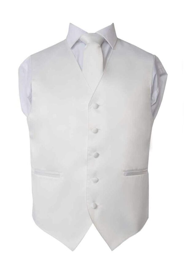 Premium Solid White Vest and Necktie Pocket Square 4 Piece Set
