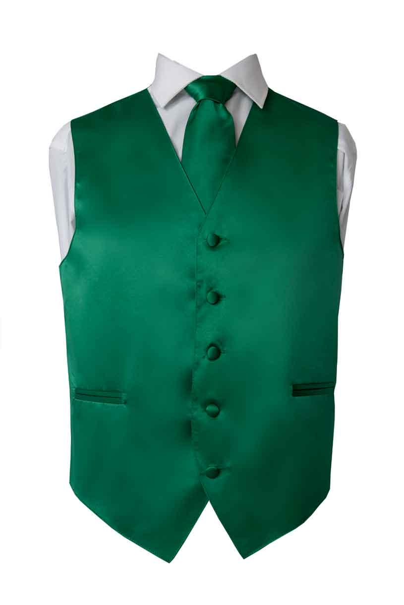Premium Solid Hunter Green Vest and Necktie Pocket Square 4 Piece Set