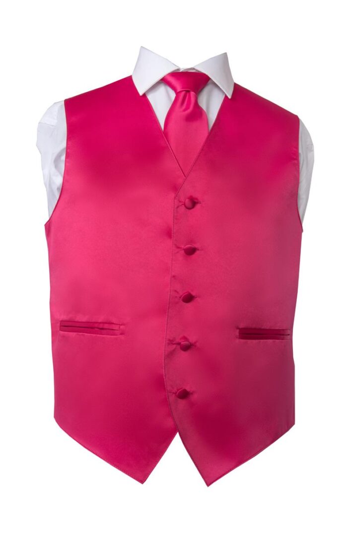 Premium Solid Hot-Pink Vest and NeckTie Pocket Square 4 Piece Set