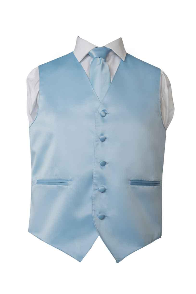 Premium Solid Baby Blue Vest and Necktie Pocket Square 4 Piece Set