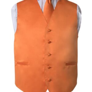 Premium Solid Orange Vest and Necktie Pocket Square 4 Piece Set