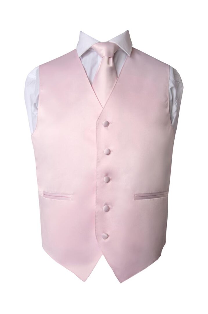 Premium Solid Light Pink Vest and Necktie Pocket Square 4 Piece Set