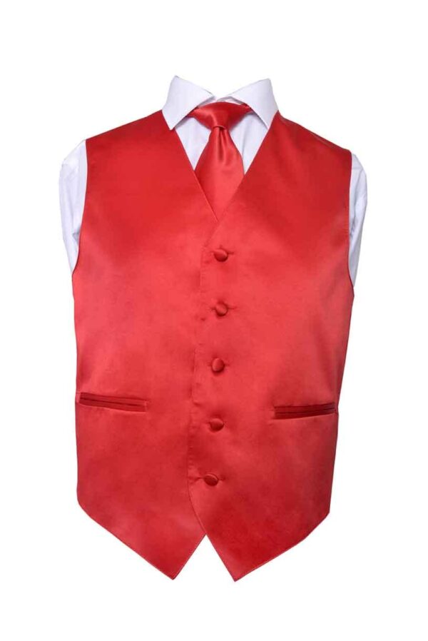 Premium Solid Royal Red Vest and NeckTie Pocket Square 4 Piece Set