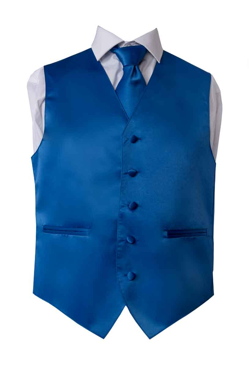 Premium Solid Royal Blue vest and Necktie Pocket Square 4 Piece Set