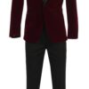 Premium Red on Black Slim fit Five Piece Shawl Lapel Tuxedo Set Men’s burgundy velvet tuxedo jacket with black shawl lapel Slim fit maroon velvet dinner jacket for men Luxury burgundy velvet blazer for weddings and prom Men’s formal burgundy velvet tuxedo coat Black shawl lapel velvet tuxedo jacket by King Formal Wear Modern slim fit burgundy velvet dinner jacket for black tie events