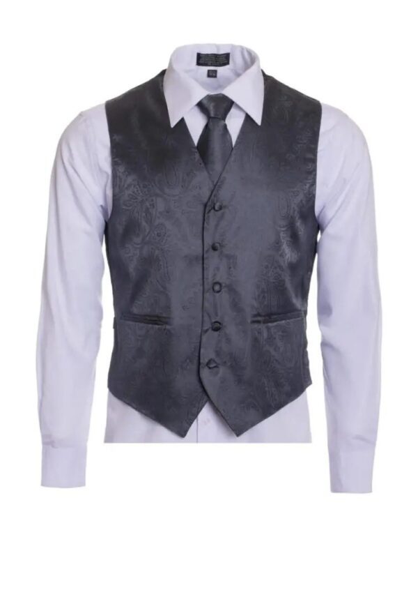 Charcoal grey Paisley Vest Neck Tie Pocket Square 3 Piece Set