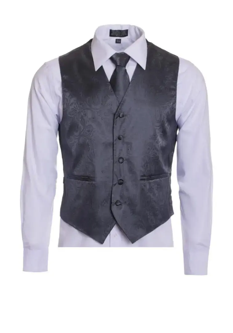 Charcoal grey Paisley Vest Neck Tie Pocket Square 3 Piece Set