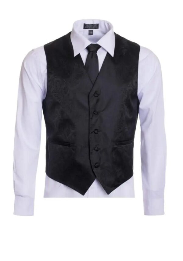 Premium Black Paisley Vest Neck Tie Pocket Square 3 Piece Set