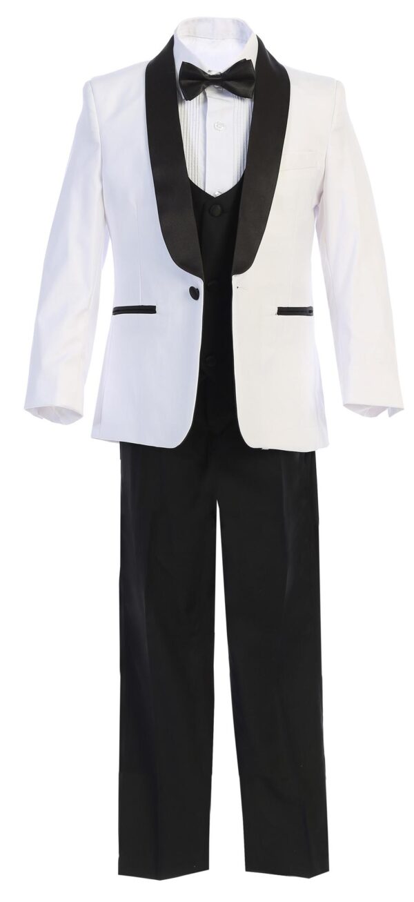 White with Blackfive piece shawl lapel tuxedo set Includes Jacket