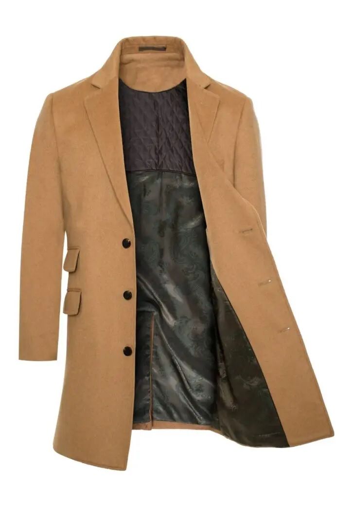 Camel-Light Brown 100% Wool and Cashmere Long Jacket