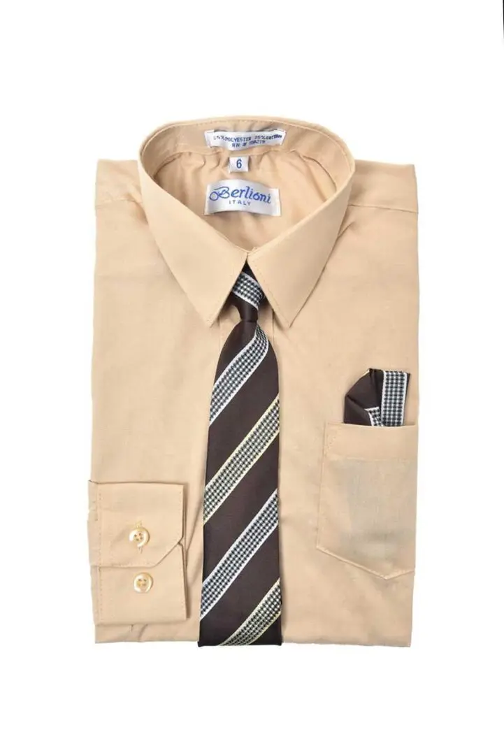 Beige Khaki Long Sleeves Dress Shirt with Matching Necktie Set