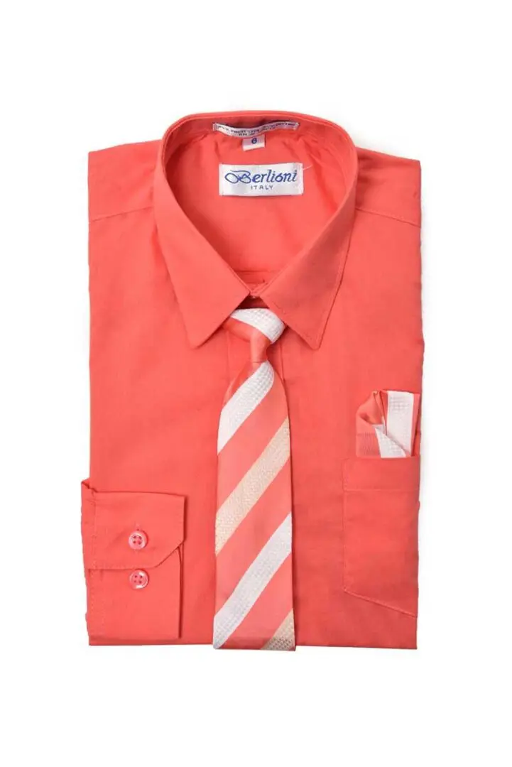 Coral Salmon Long Sleeves Dress Shirt with Matching Necktie Set
