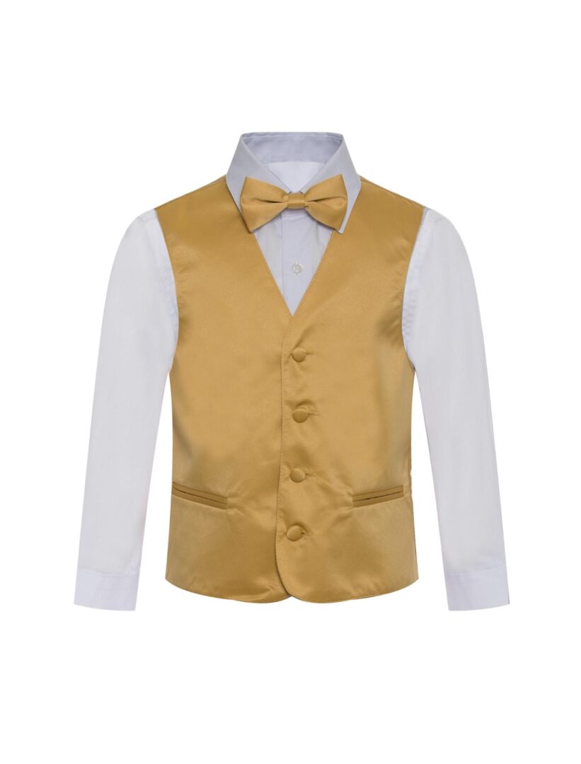 Boys Solid Gold Formal Vest Bow Tie Three Piece Set for Tuxedos