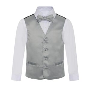 Light Gray Silver Formal Vest Necktie Bow Tie Three Piece Set for Tuxedos