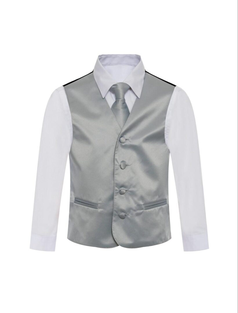 Solid Light Gray Silver Formal Vest Necktie Bow Tie Three Piece Set