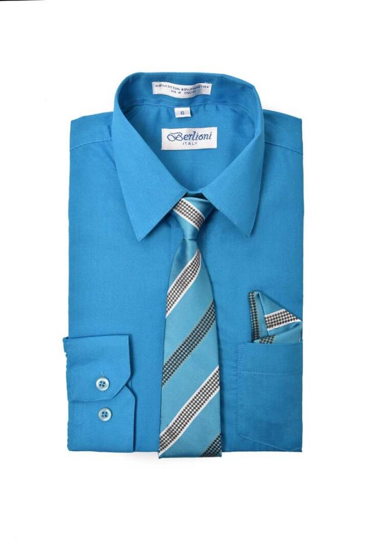 Turquoise Long Sleeves Dress Shirt with Necktie and Pocket Square Set