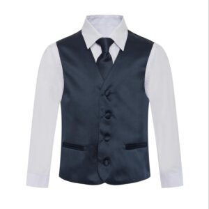 Boy's Premium Solid Navy Blue Dark Blue Formal Vest Set for Suits