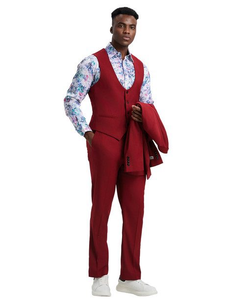 Men's Premium Cherry-Red Three Piece suit Set