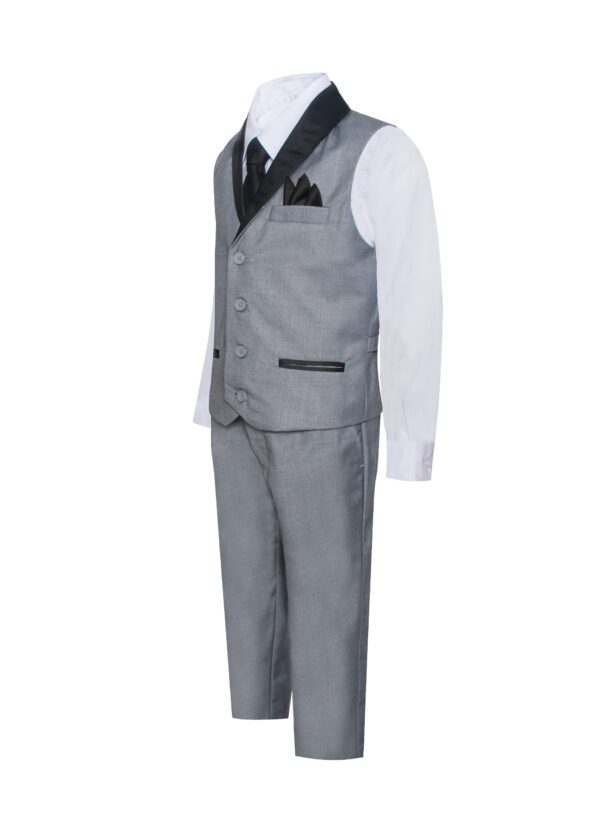 boys Grey vest set with Black 7 Piece Formal Shawl Lapel