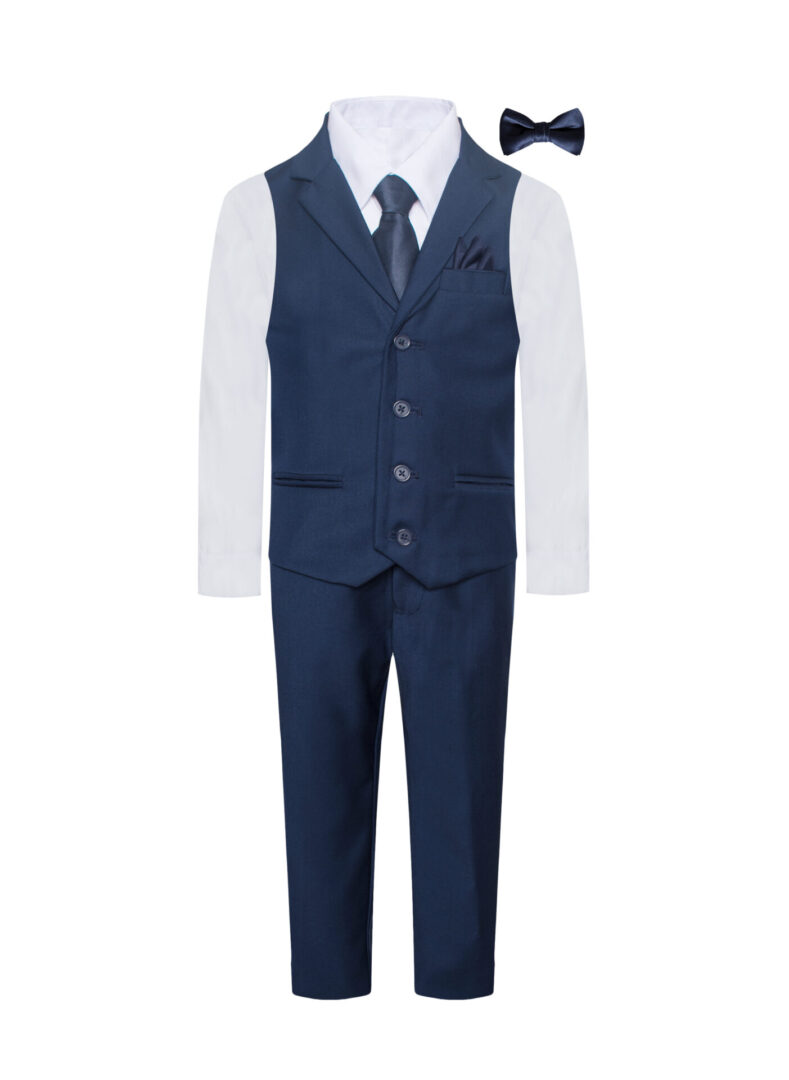 Boys Premium Navy Blue 7 Piece Formal Vest Set notch lapel