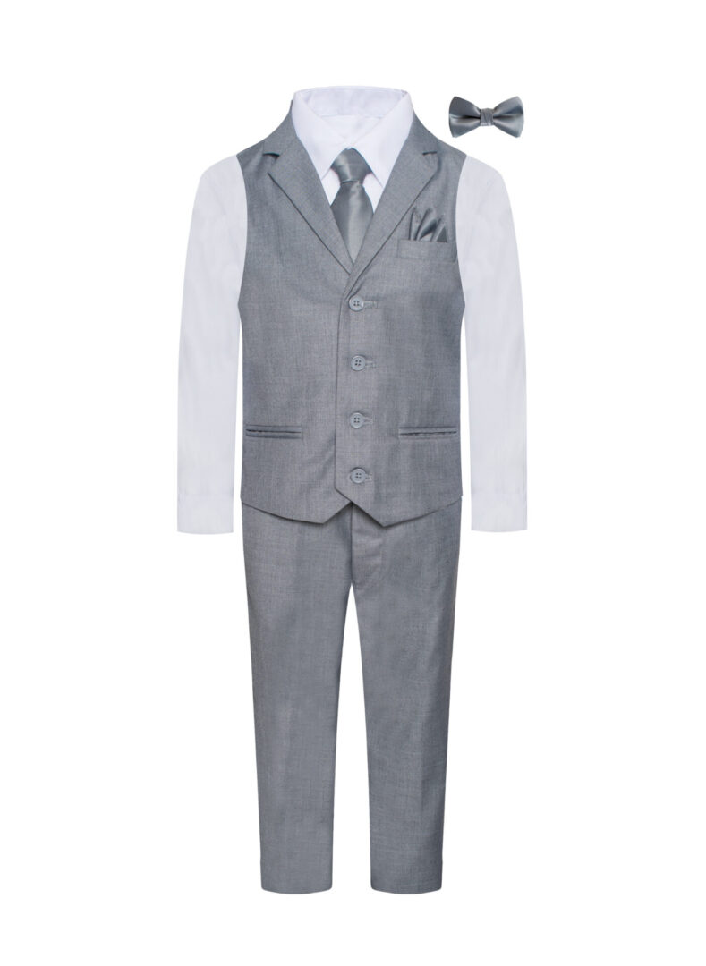 Boys Premium 7 Piece Formal Light Gray Vest Set with notch lapel