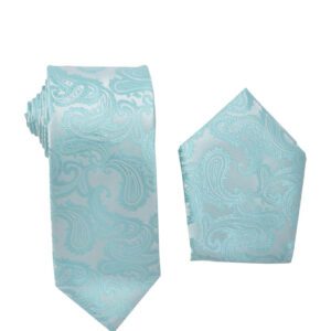 Paisley Aqua with Silver Necktie with Matching Pocket Square Set