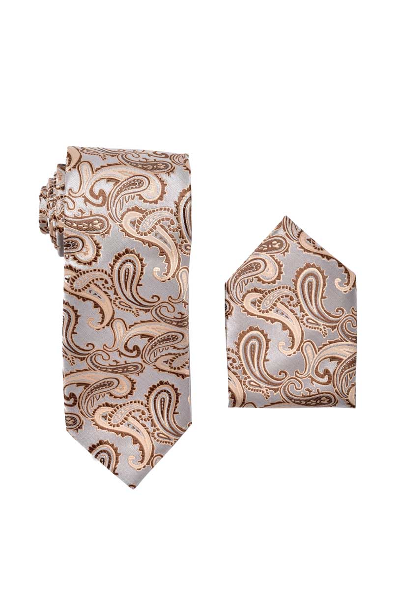 Paisley Beige with Silver Necktie with Matching Pocket Square Set
