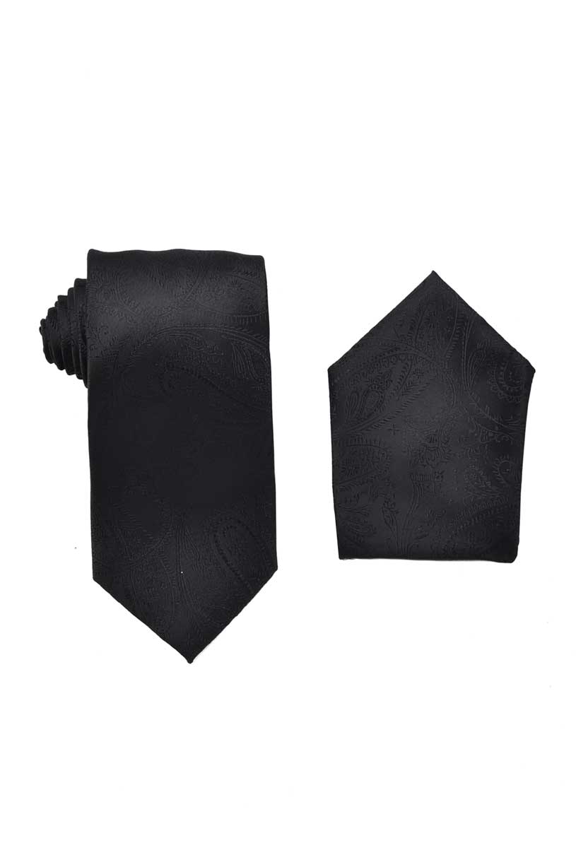 Paisley Black Necktie with Matching Pocket Square Set