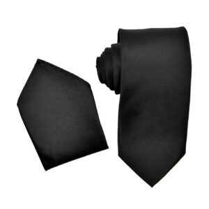 Black Necktie with Matching Pocket Square Set For Suits