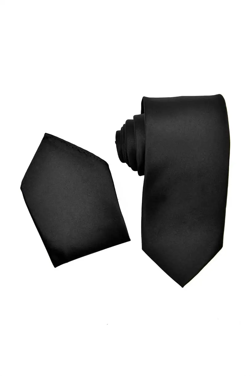 Black Necktie with Matching Pocket Square Set For Suits