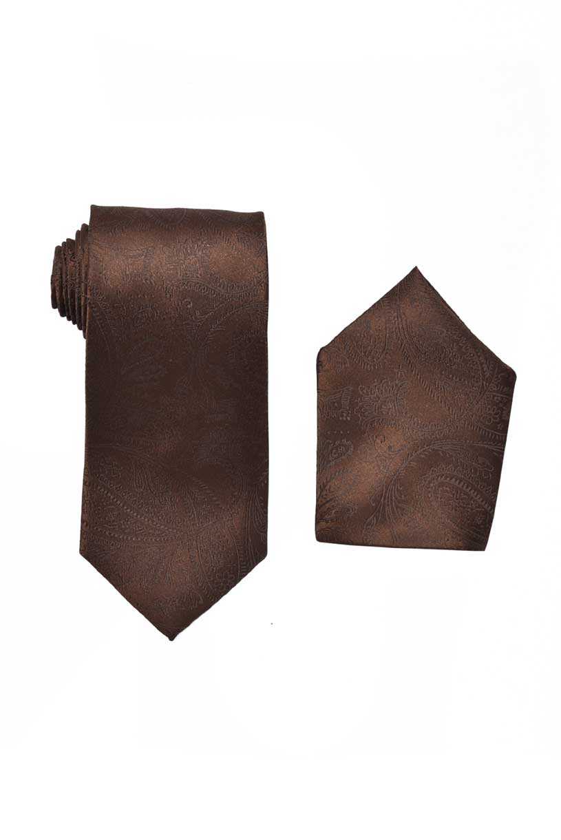 Paisley Brown Necktie with Matching Pocket Square Set For Suits