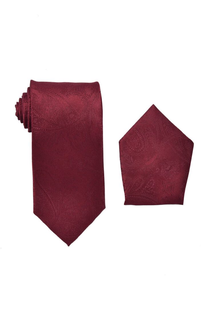 Paisley Burgundy Maroon Necktie with Pocket Square Set