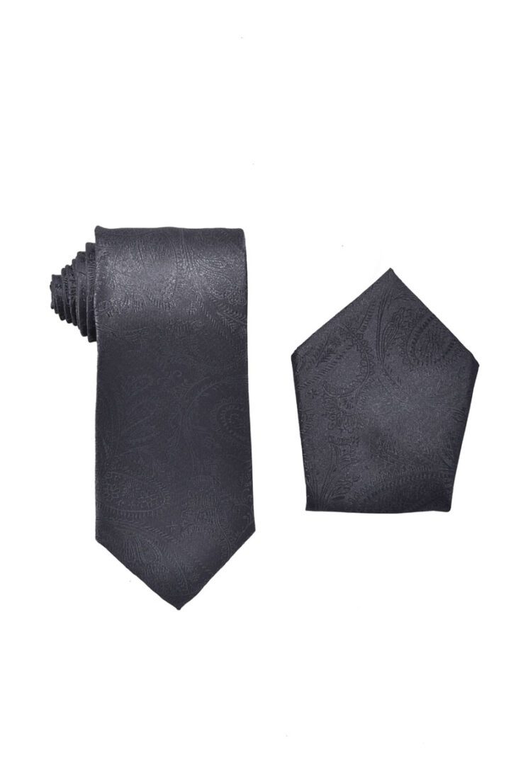 Paisley Charcoal Gray Dark Grey Necktie with Pocket Square Set