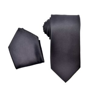 Premium Charcoal Gray Dark Grey Necktie with Pocket Square Set