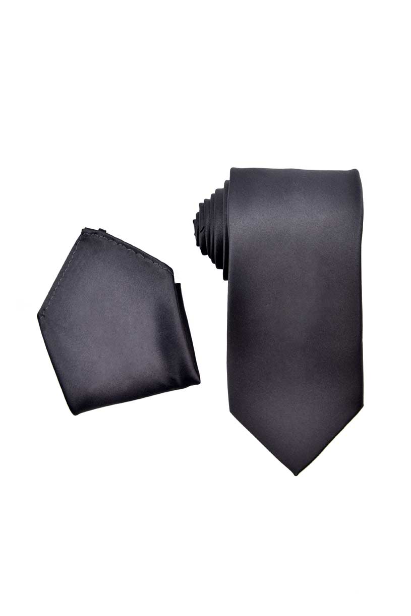 Premium Charcoal Gray Dark Grey Necktie with Pocket Square Set