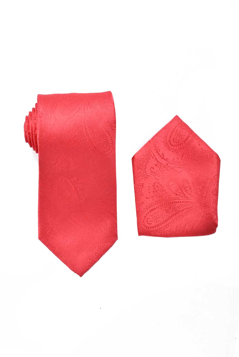 Paisley Coral Salmon Necktie with Pocket Square Set