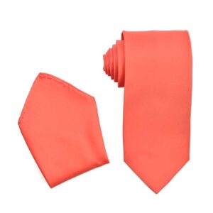 Coral Salmon Necktie with Matching Pocket Square Set For Suits