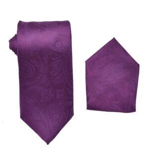 Paisley Eggplant-Dahlia Necktie with Matching Pocket Square Set