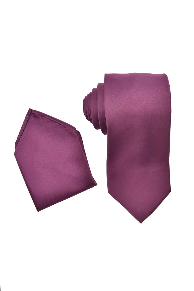 Eggplant Necktie with Matching Pocket Square Set For Suits