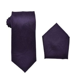 Premium Paisley Grape Dark Purple Necktie with Pocket Square Set
