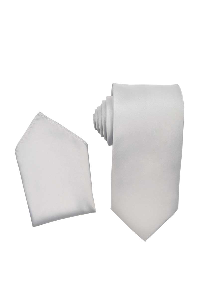 Light Gray-Silver Necktie with Matching Pocket Square Set