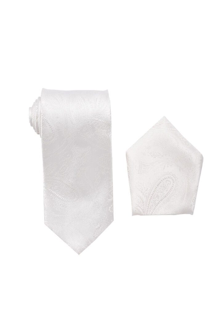 Paisley Cream Off White-Ivory Necktie with Pocket Square Set