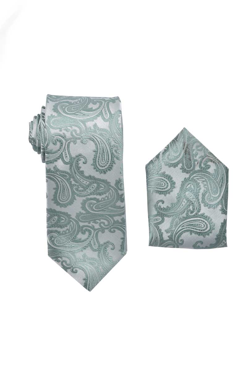 Paisley Laurel Green Dusty Sage Necktie with Pocket Square Set